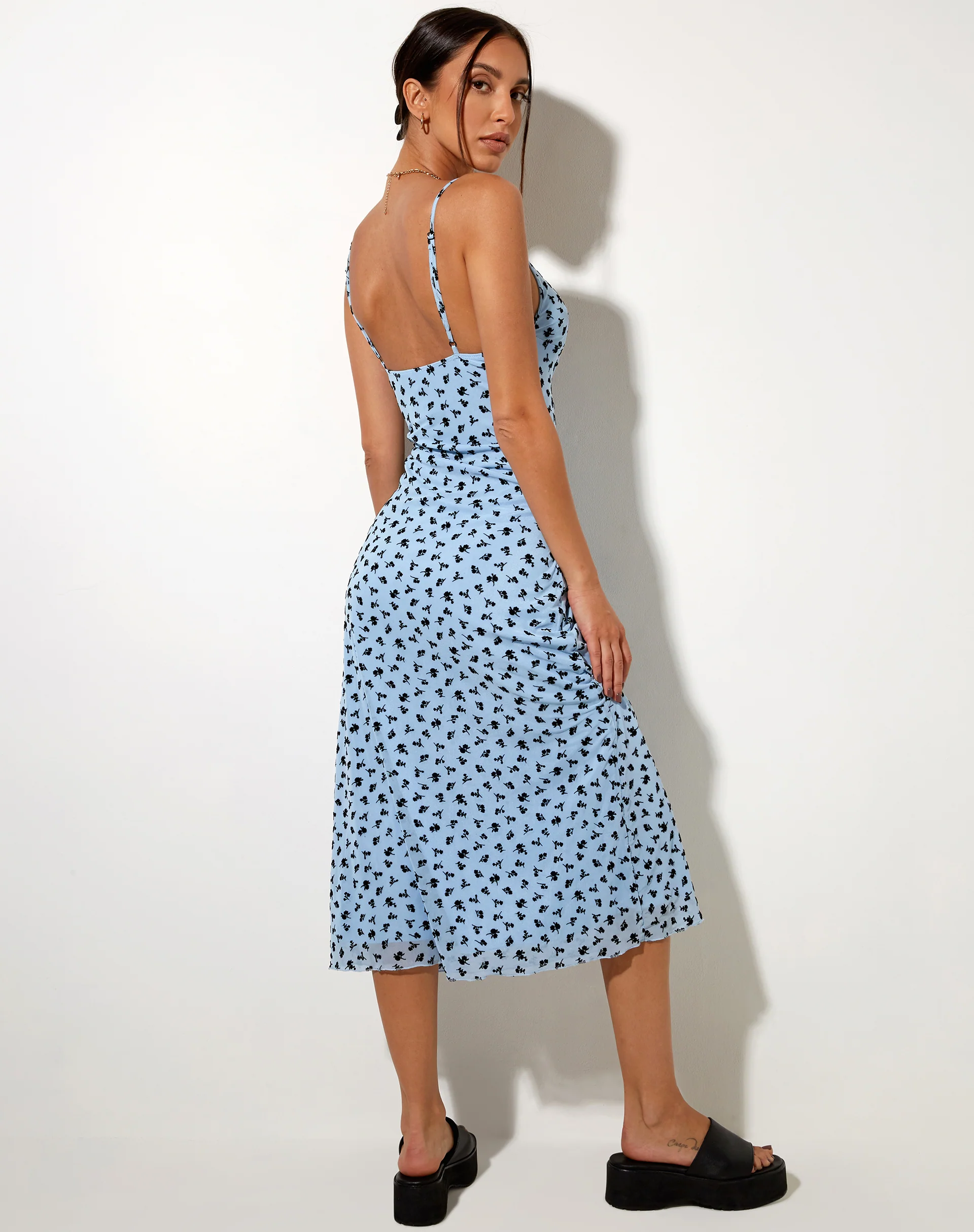Cotina Midi Dress in Blue Flower Buds Black Flock - Awmao
