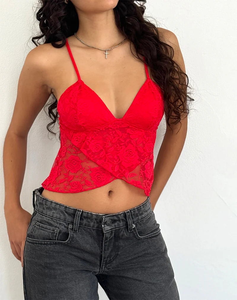 Cojira Lace Butterfly Top in Big Rose Red - Awmao