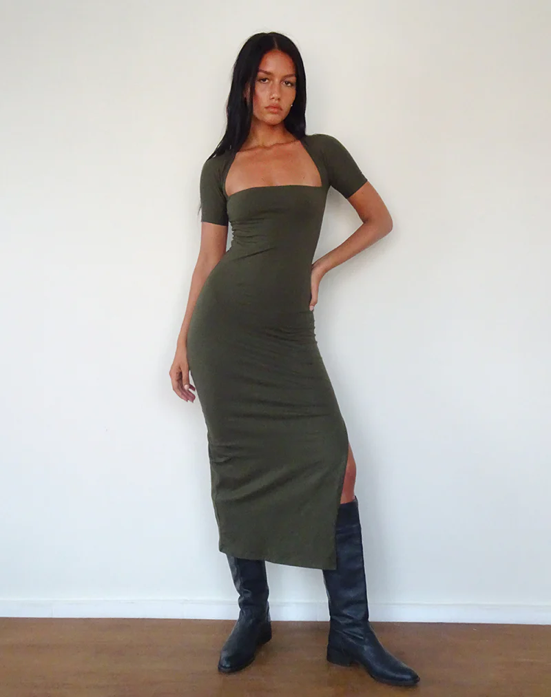 Quala Midi Dress in Olive - Awmao