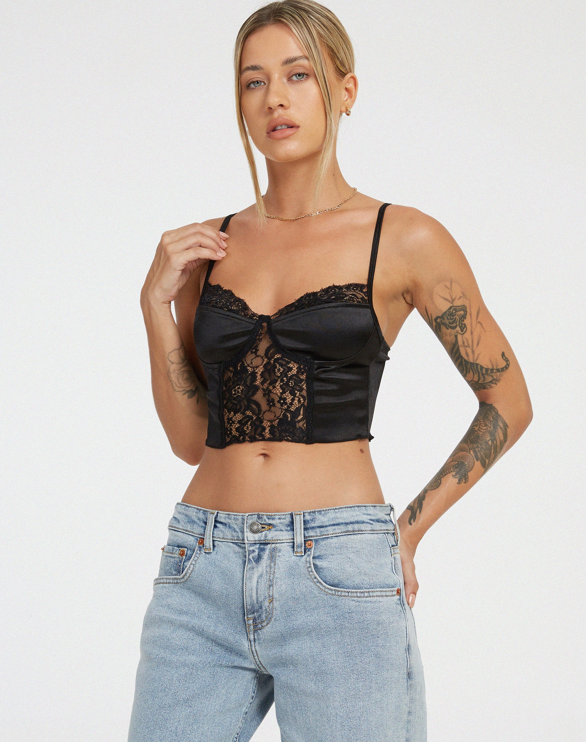 Litasa Corset Top in Satin Black - Awmao