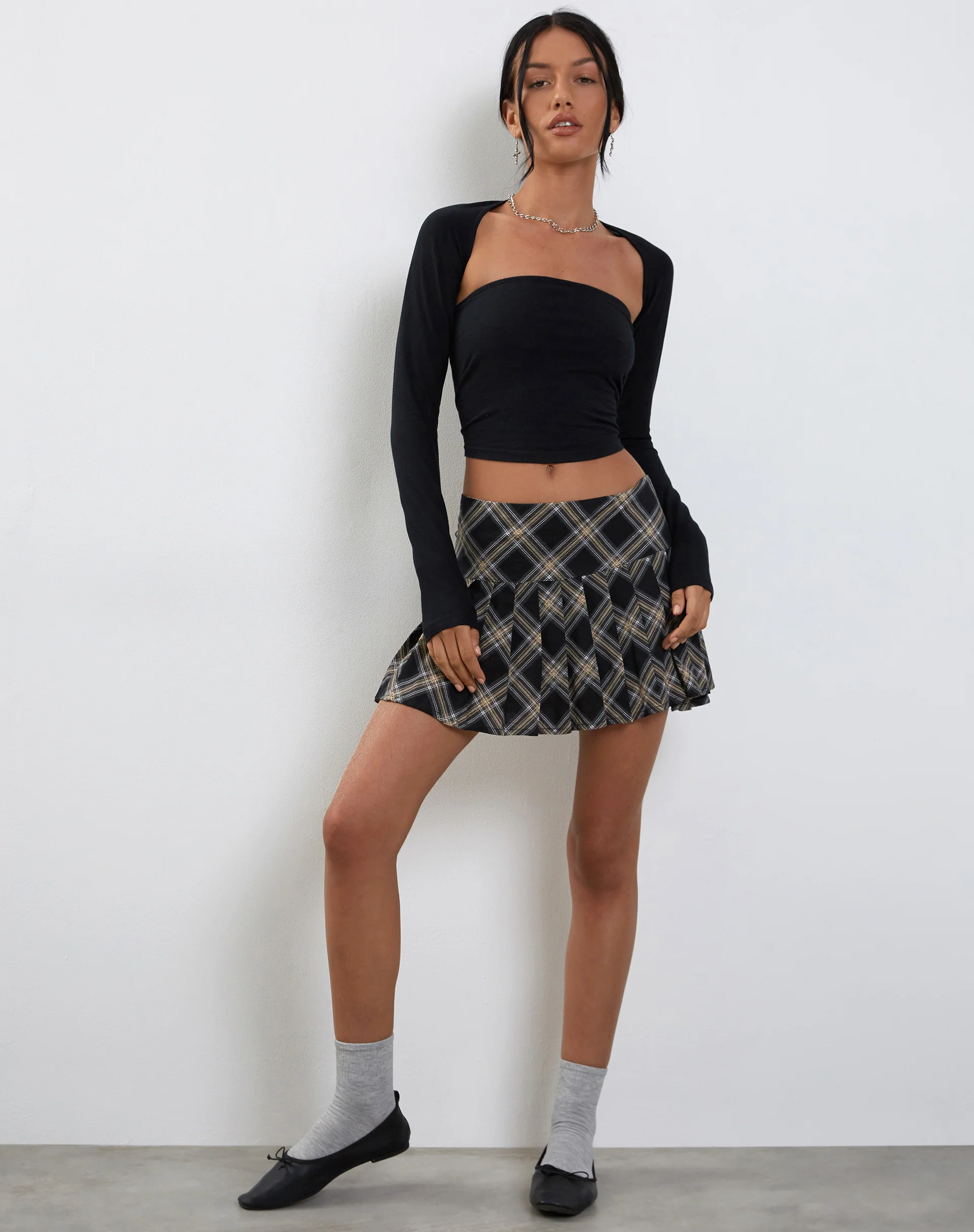 Casini Pleated Micro Skirt in Black and Grey Check - Awmao