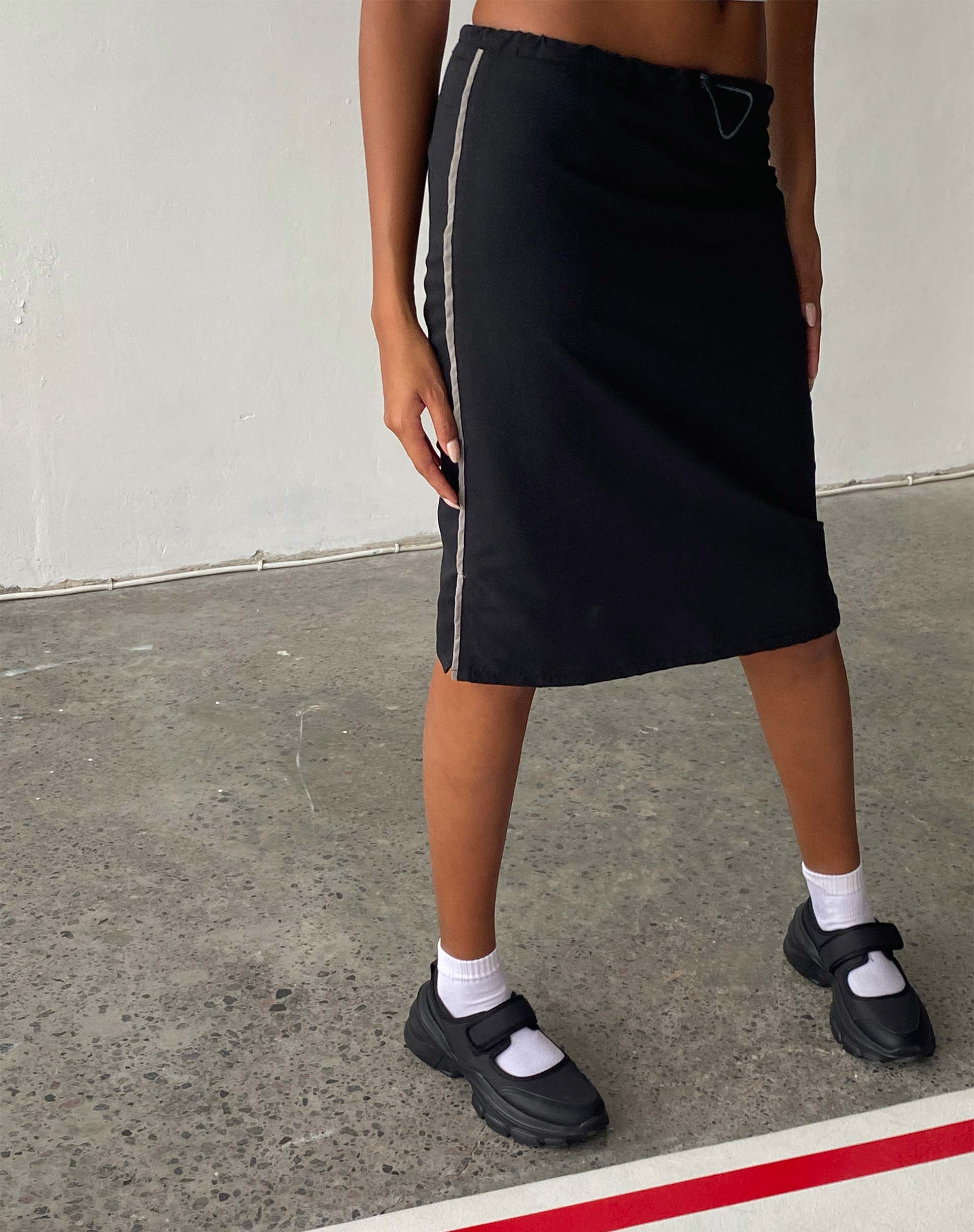 Ashlyn Cargo Midi Skirt in Black with White Stripe - Awmao