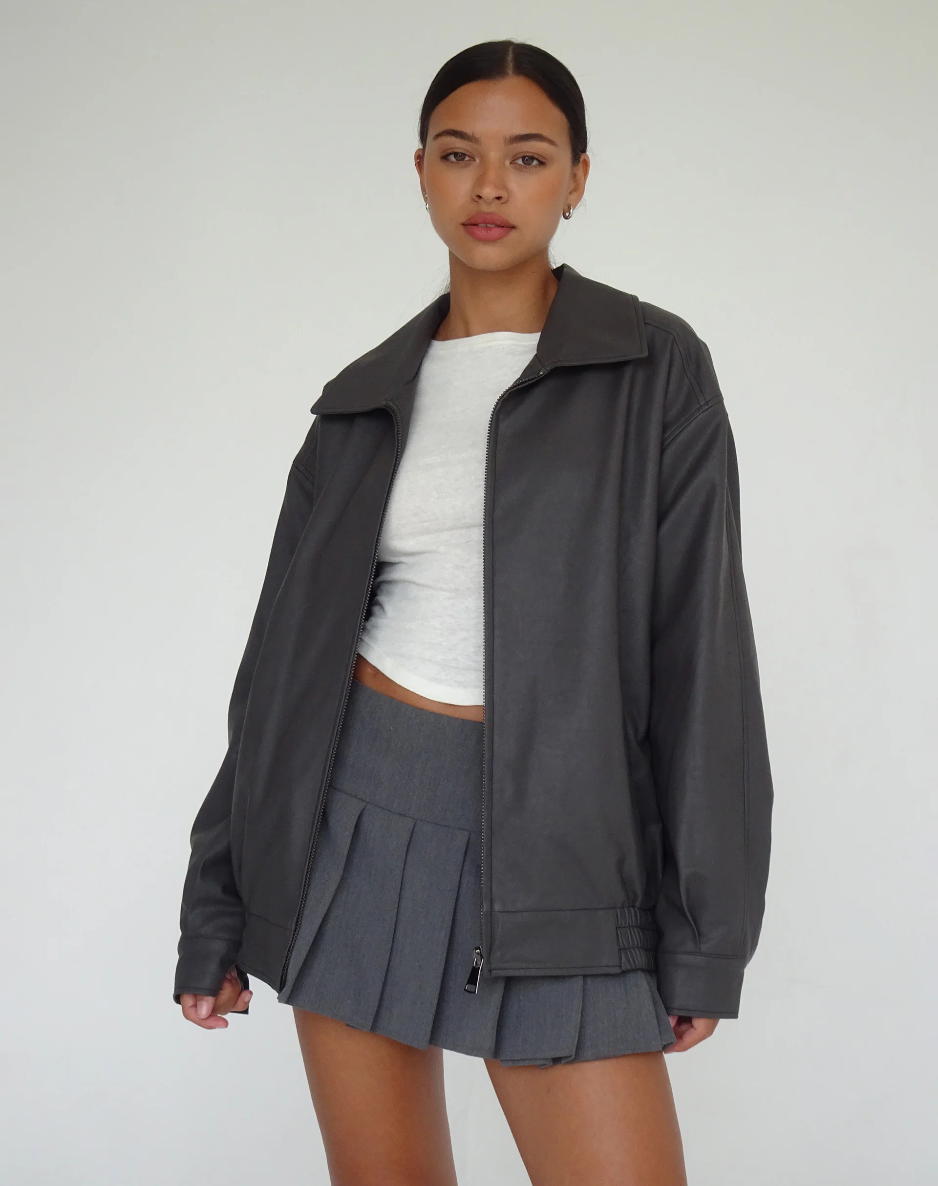 Cavita PU Jacket in Grey with Black Top Stitch - Awmao