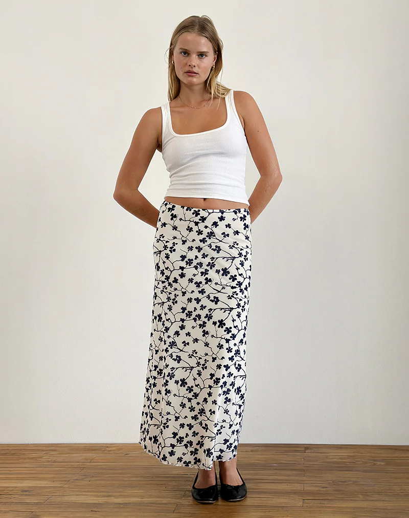 Latika Skirt in Grunge Floral Flock Cream - Awmao