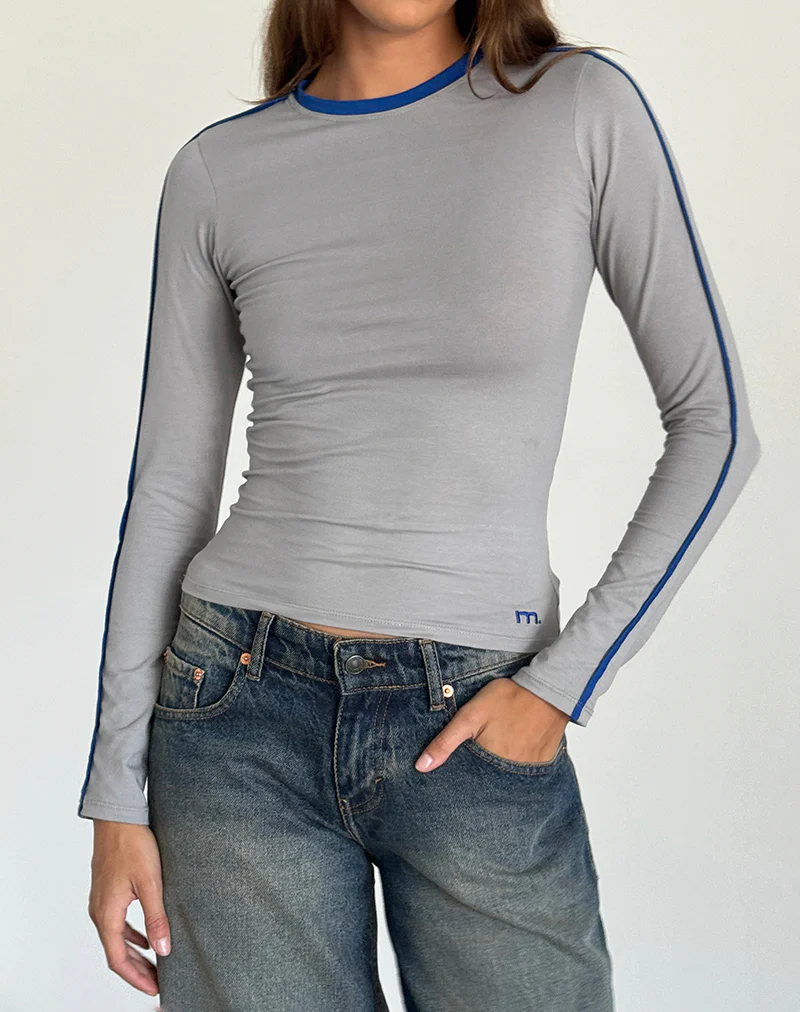 Bonija Long Sleeve Top in Grey with Cobalt Blue Piping - Awmao