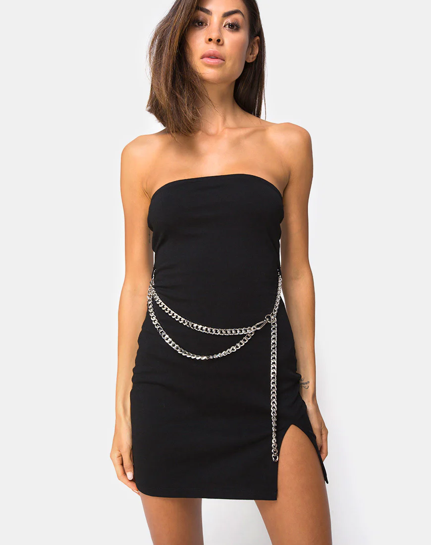 Koenig Mini Dress in Black with Silver Chain - Awmao