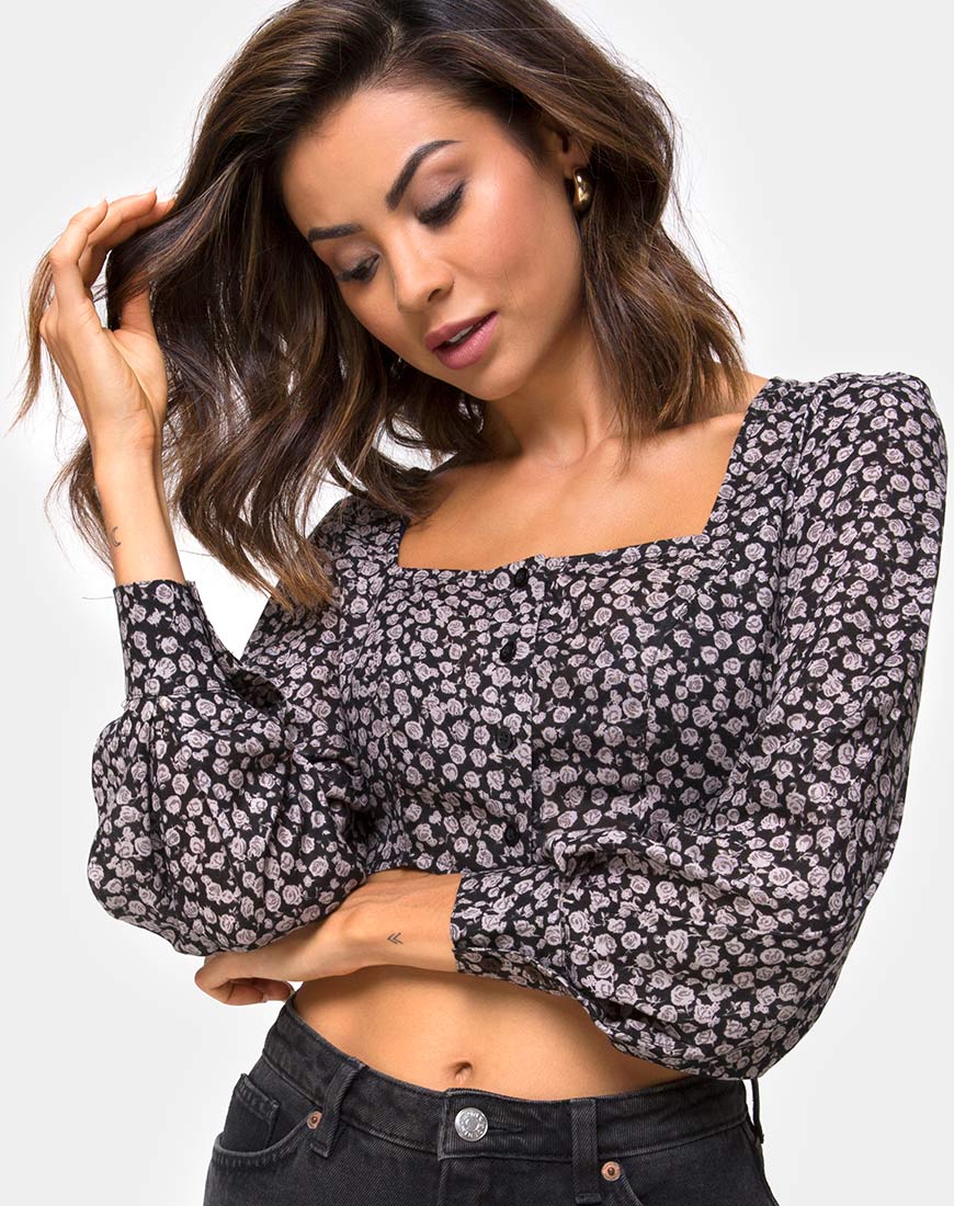 Gazalo Cropped Top in Ditsy Rose Black - Awmao