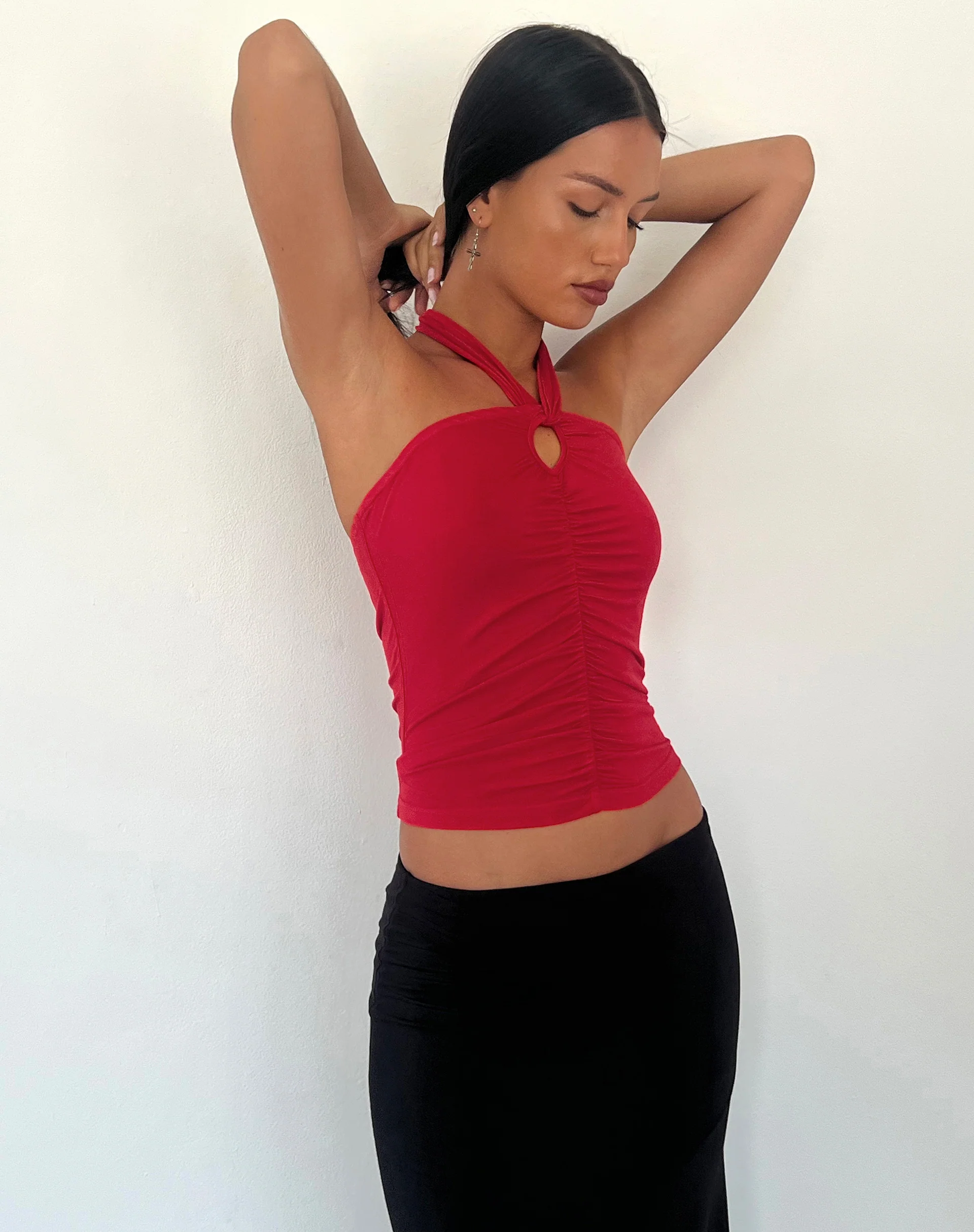 Audrey Halterneck Top in Red Soft Slinky - Awmao