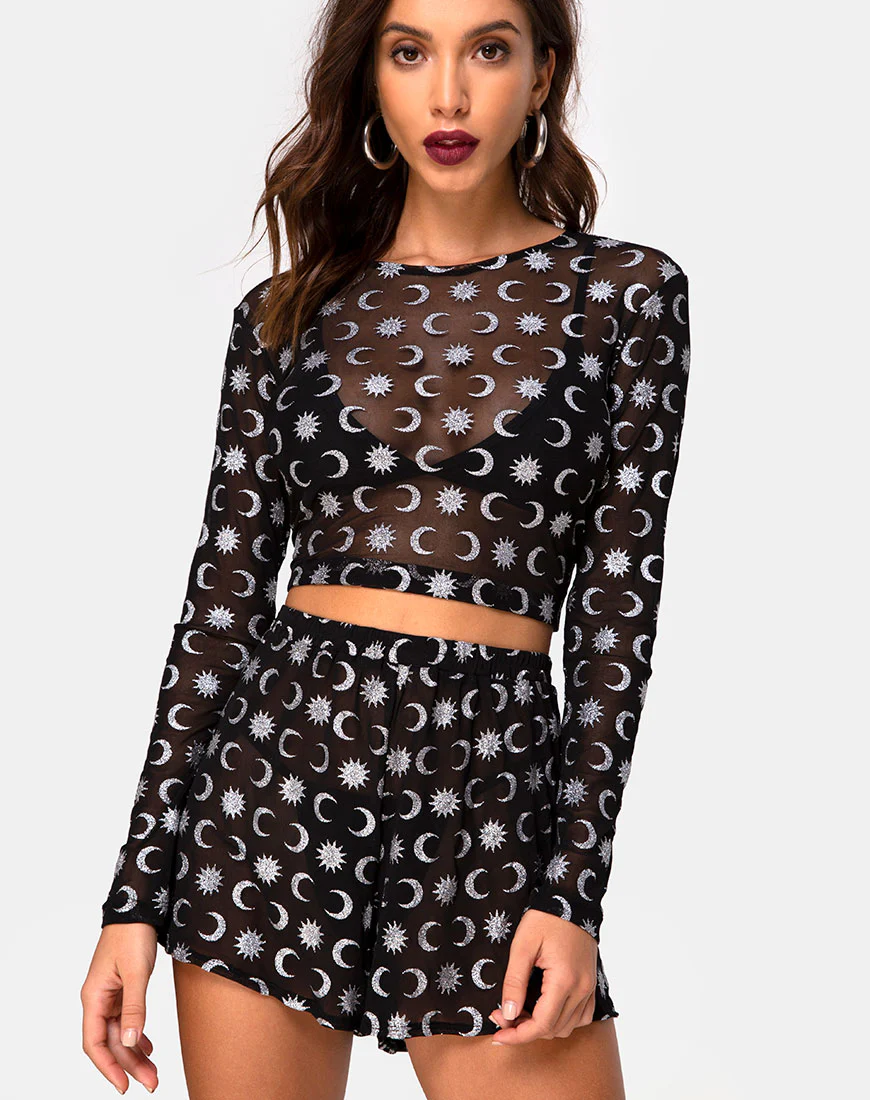 Bonnie Crop Top in Over the Moon Black with Glitter - Awmao