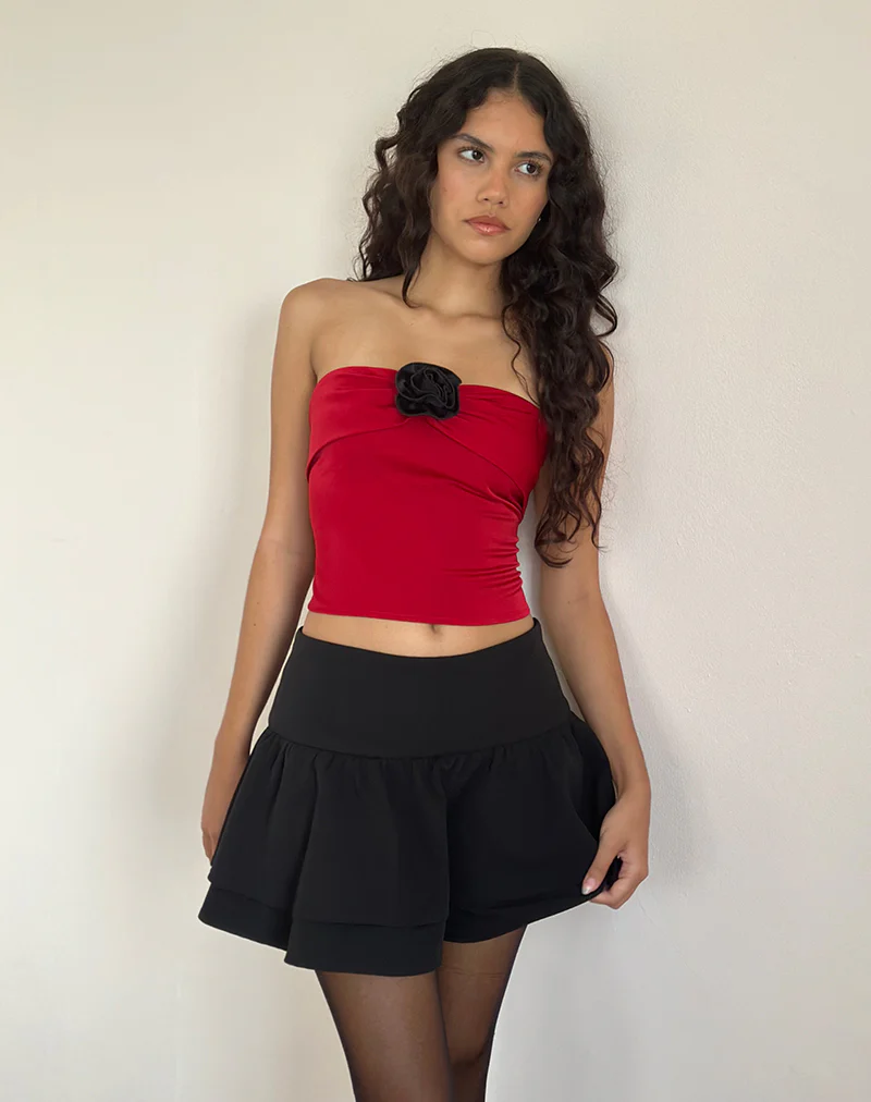 Astrum Satin Bandeau Top in Red with Black Rose - Awmao