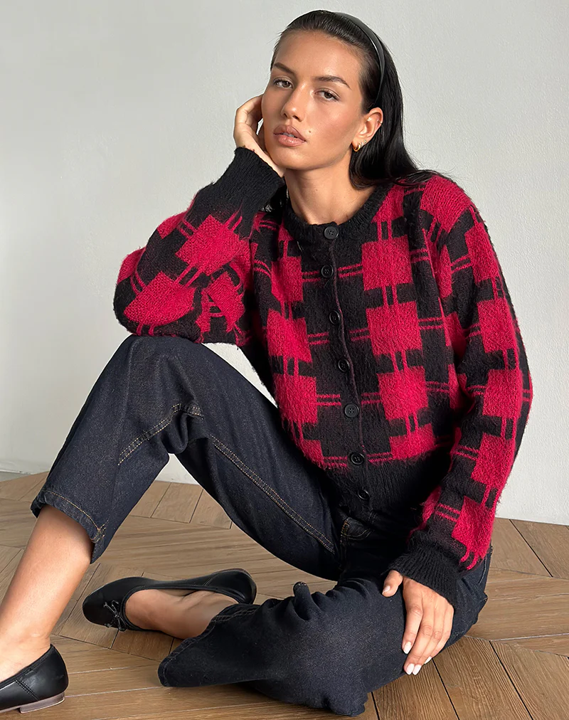Anzio Cardigan in Black and Red Check Knit - Awmao