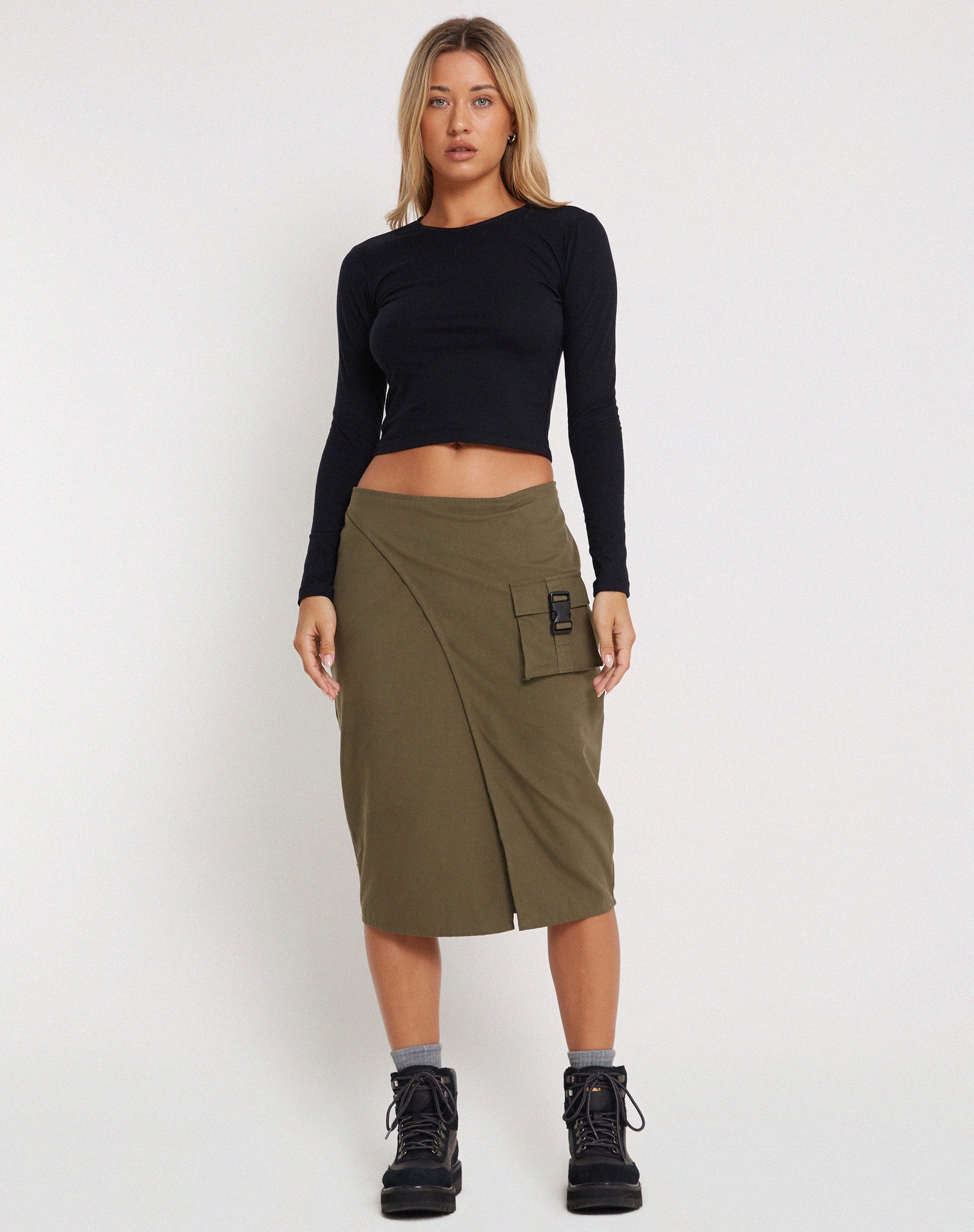 Catriona Midi Skirt in Military Khaki - Awmao