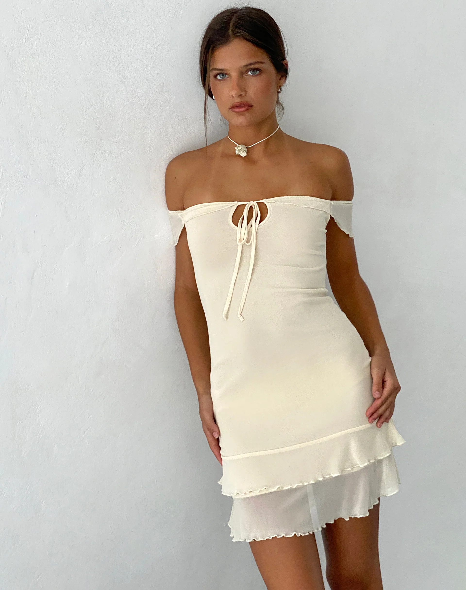 Valory Bardot Mini Dress in Ivory Mesh - Awmao