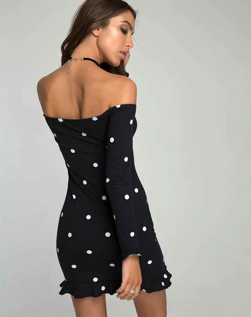 Jazzie Off the Shoulder Dress in Polkadot Black and White - Awmao