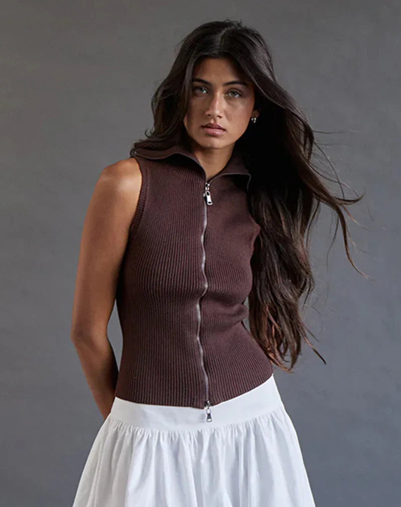 Tarni Highneck Fold Over Tank Top in Brown - Awmao