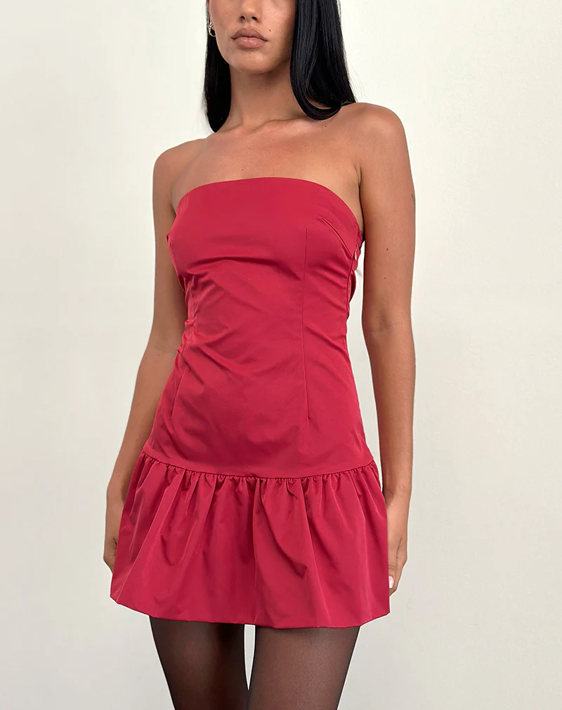 Denama Puffball Mini Dress in Deep Red - Awmao
