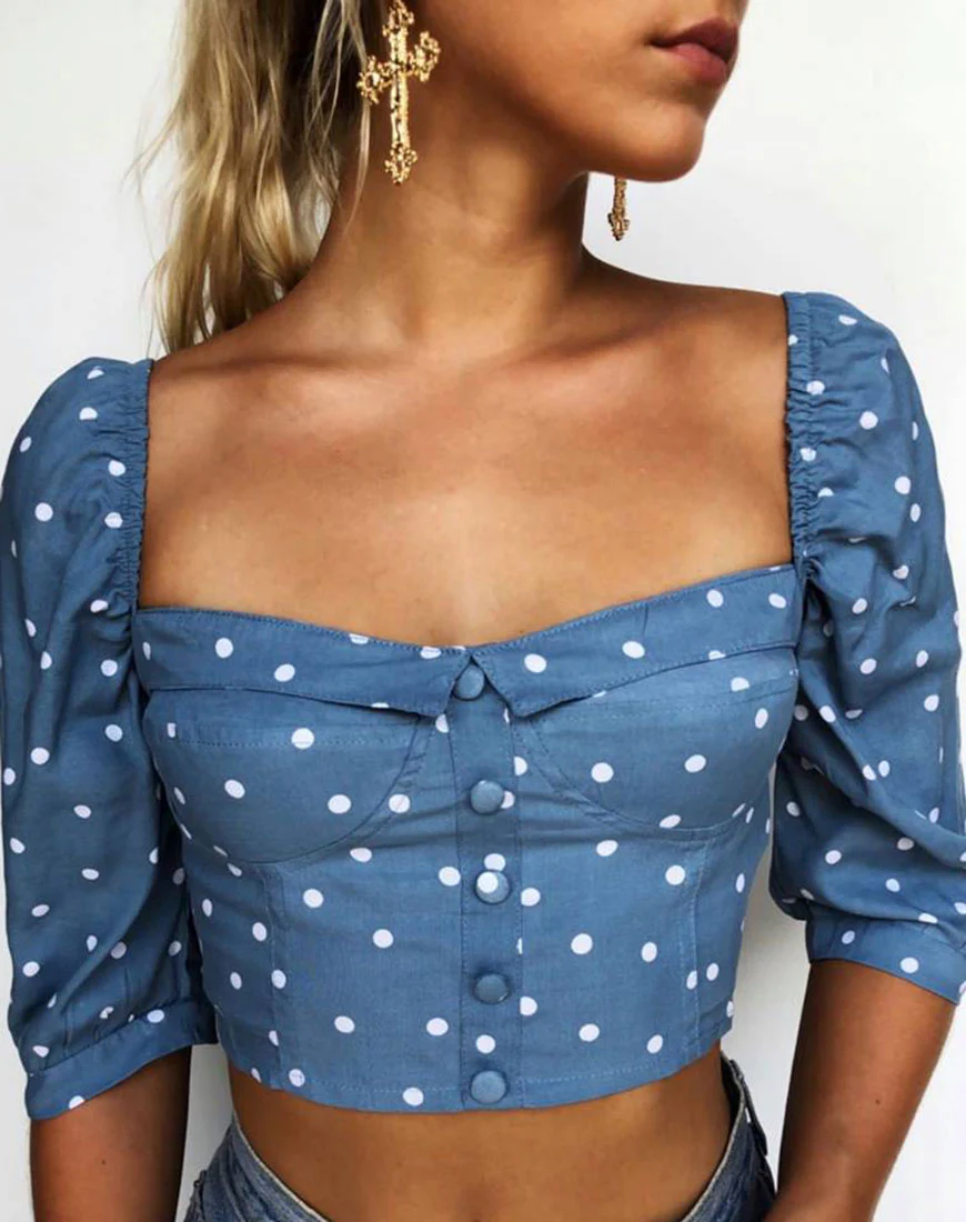 Flory Crop Top in Skater Polka Blue - Awmao