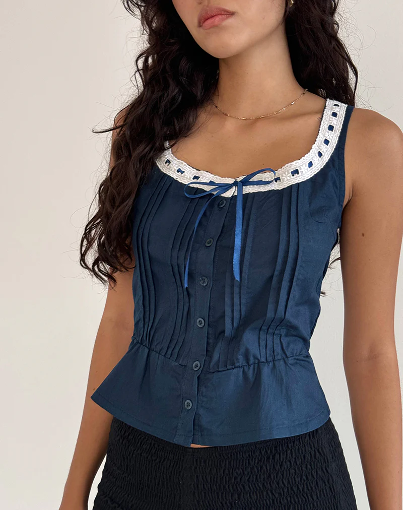 Arhan Sleeveless Top in Navy Poplin with White Trim - Awmao