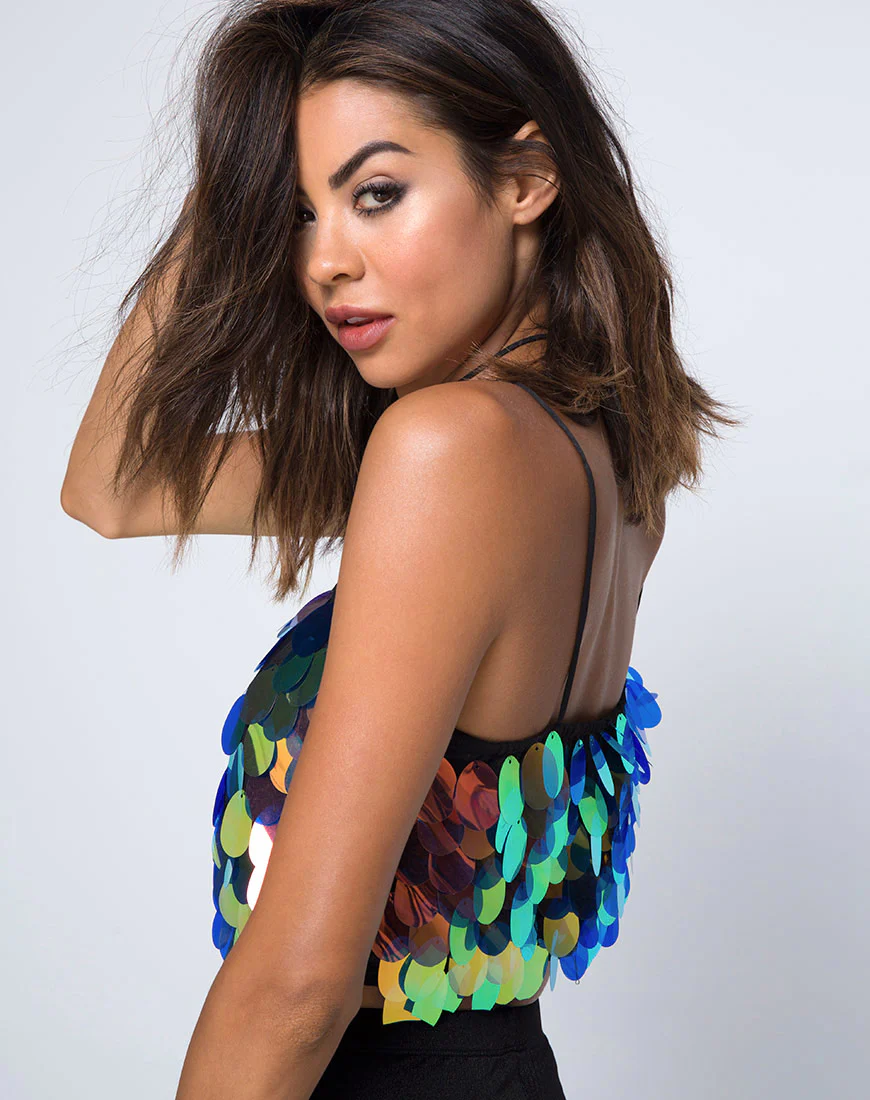 Cadence Crop Top in Tear Drop Sequin Pink Oil - Awmao