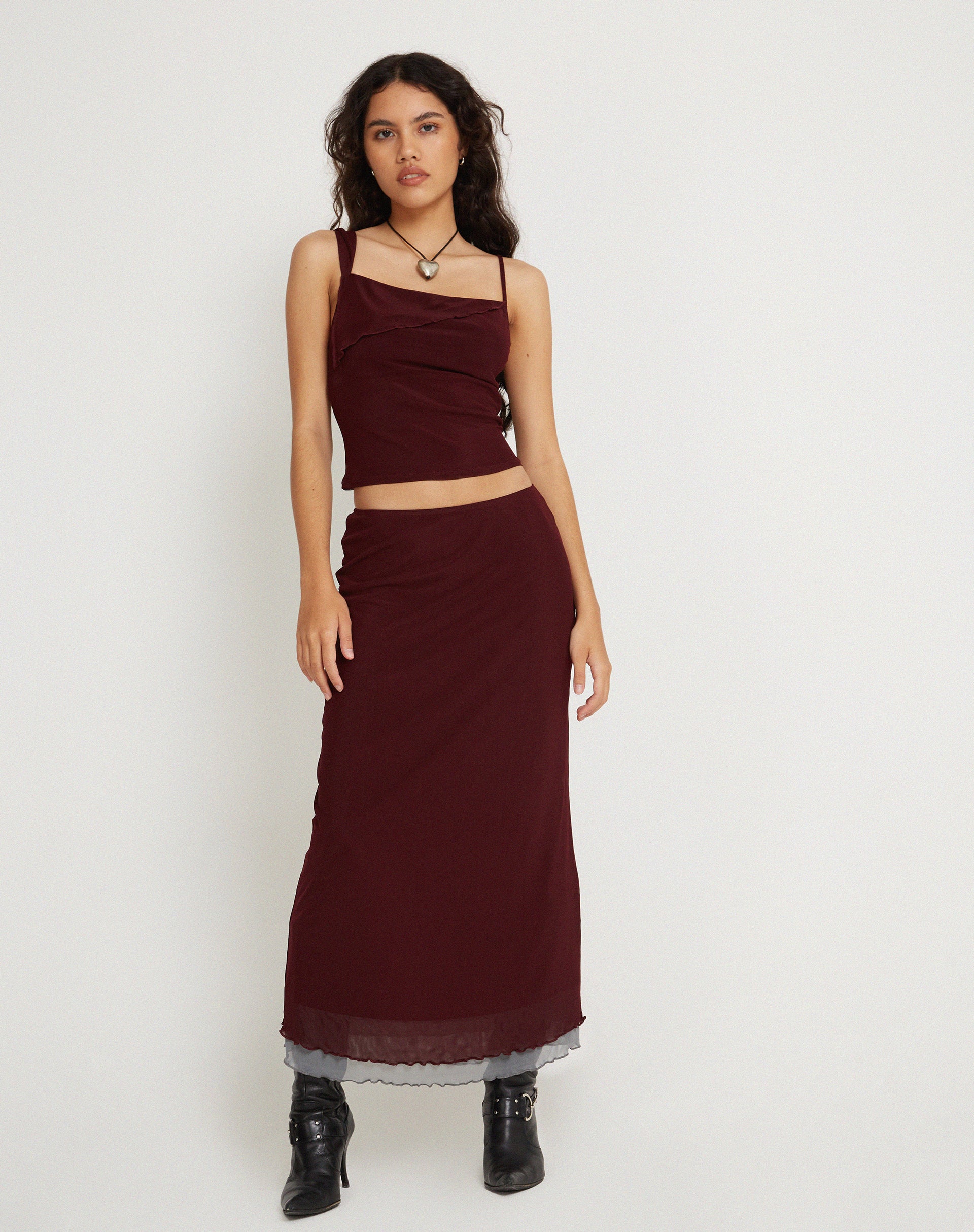 Tresha Maxi Skirt in Mesh Burgundy - Awmao