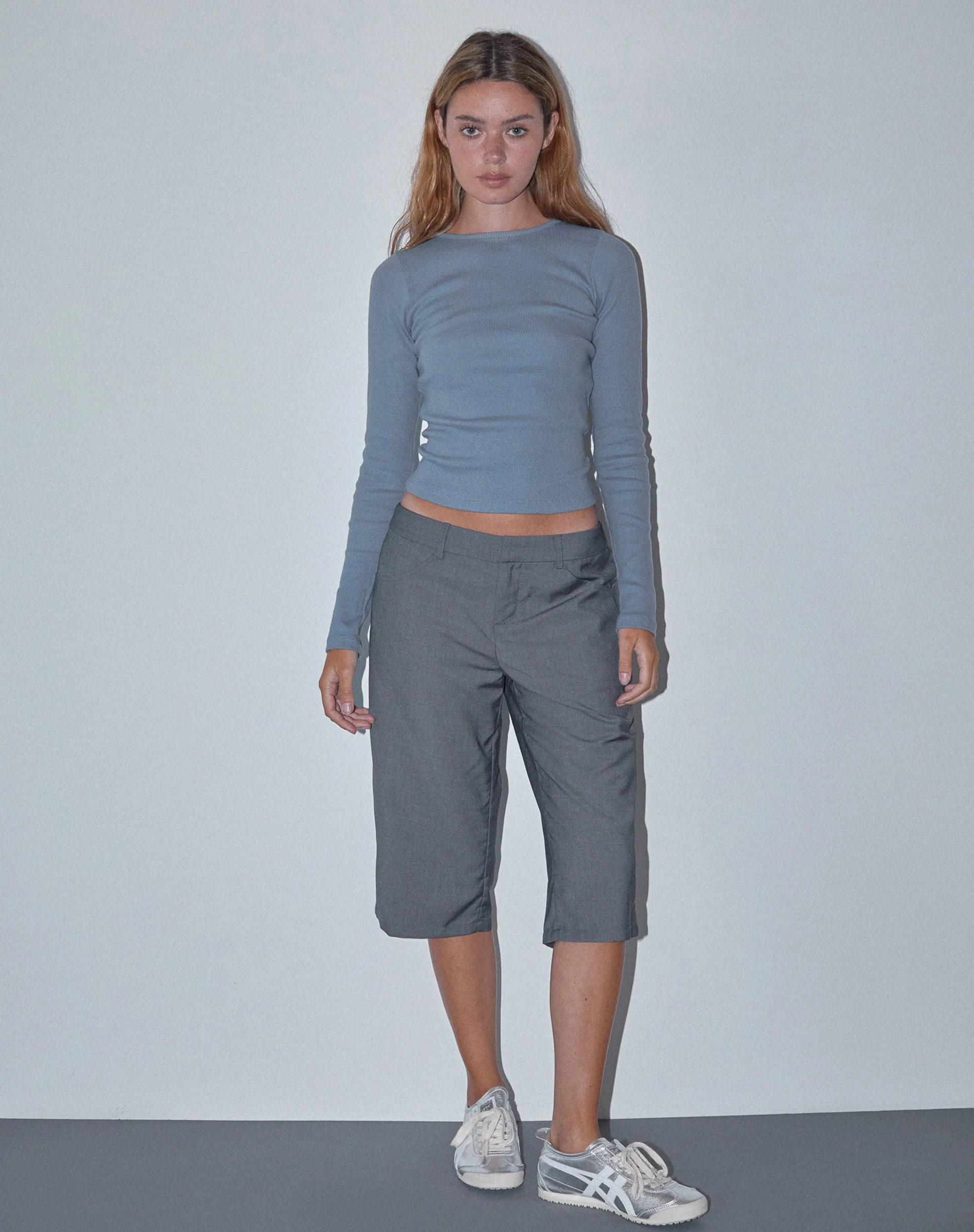 Gelbon Open Back Long Sleeve Top in Rib Powder Blue - Awmao