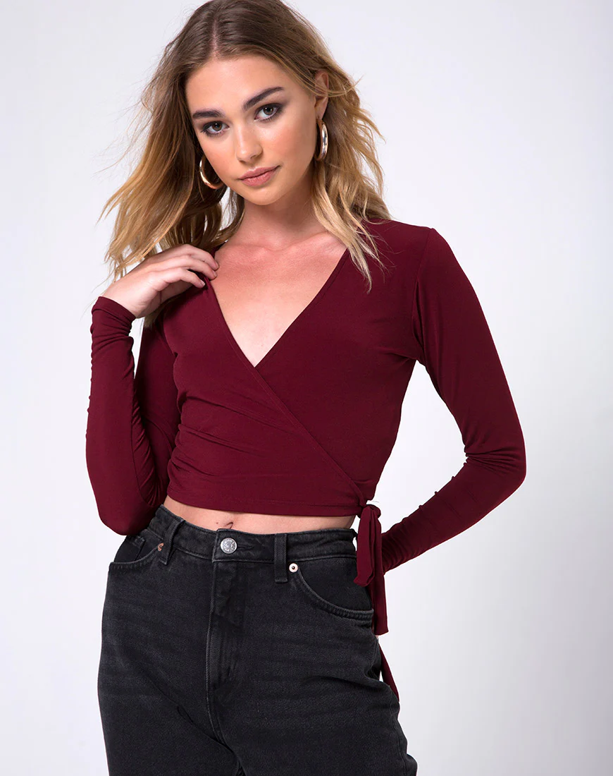 Marche Wrap Top in Burgundy - Awmao