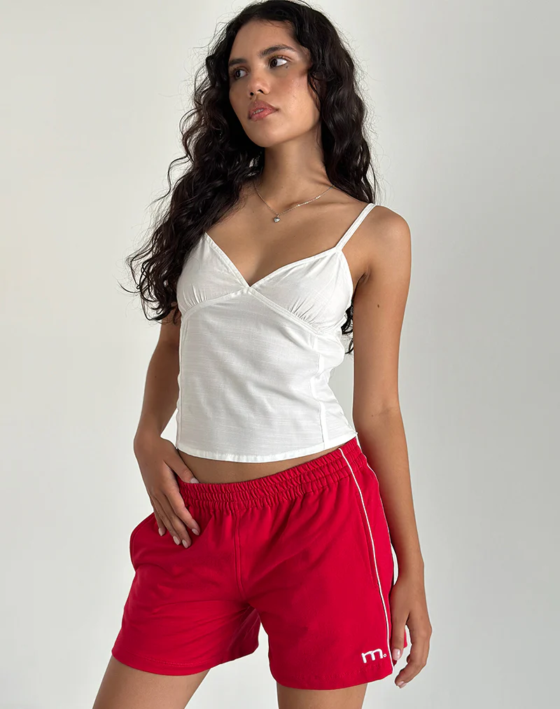 Thera Shorts in Tango Red with Off White Piping and M Emb - Awmao