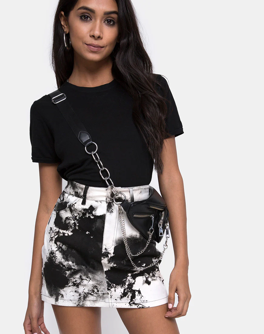 Mini Broomy Skirt in Mono Tie Dye Black and White - Awmao