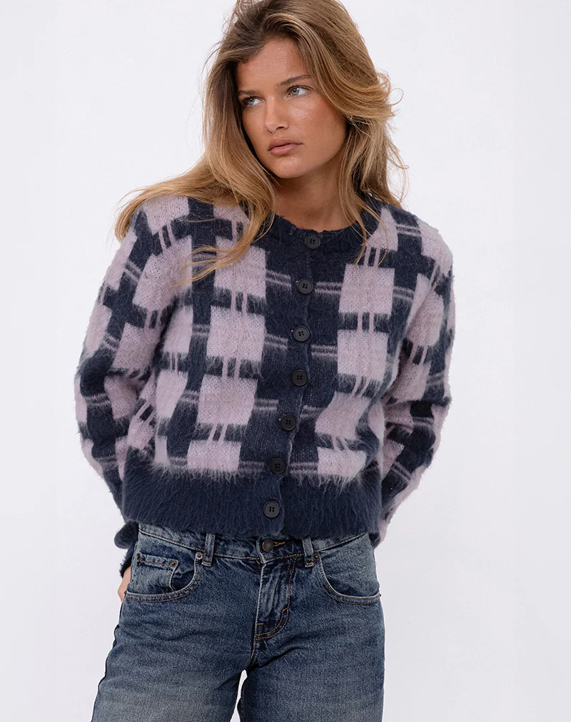 Anzio Button Up Cardigan In Multi Check Navy and Pink - Awmao