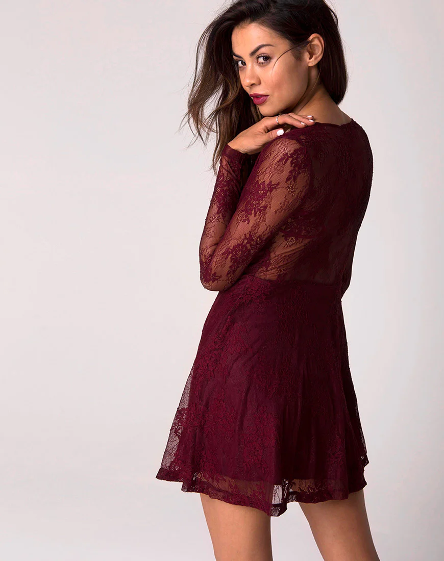 Penley Skater Dress in Femme Lace Maroon - Awmao