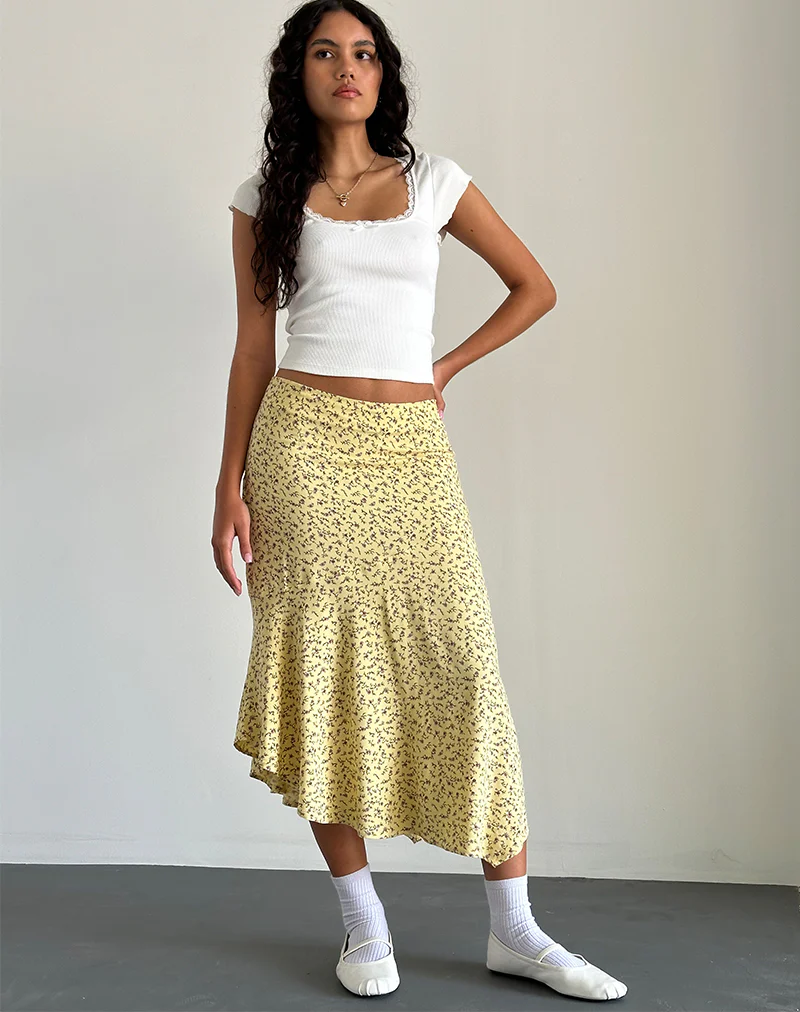 Rans Waterfall Hem Midi Skirt in Flowing Flower Yellow - Awmao