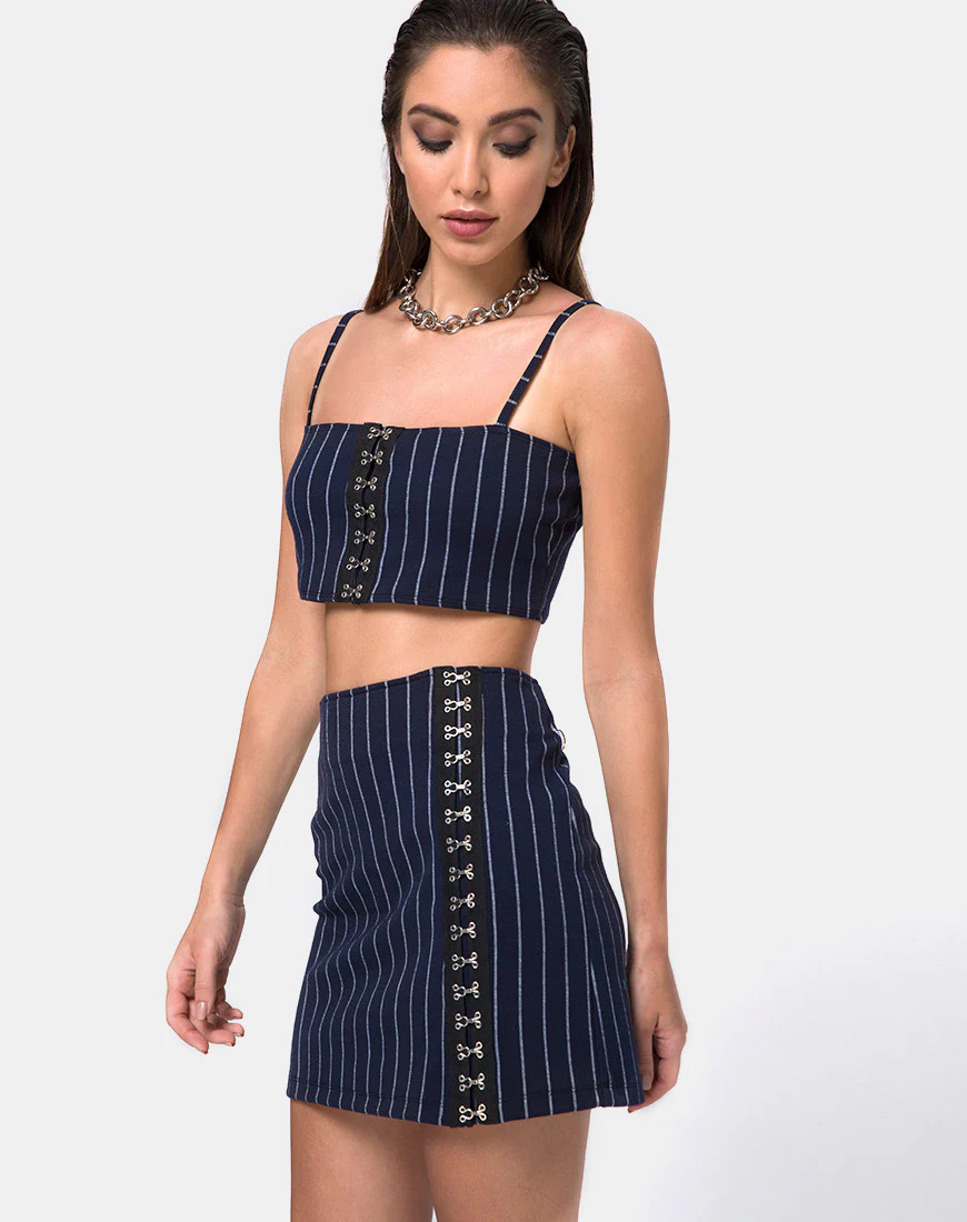 Lilu A Line Skirt in Navy Pinstripe - Awmao