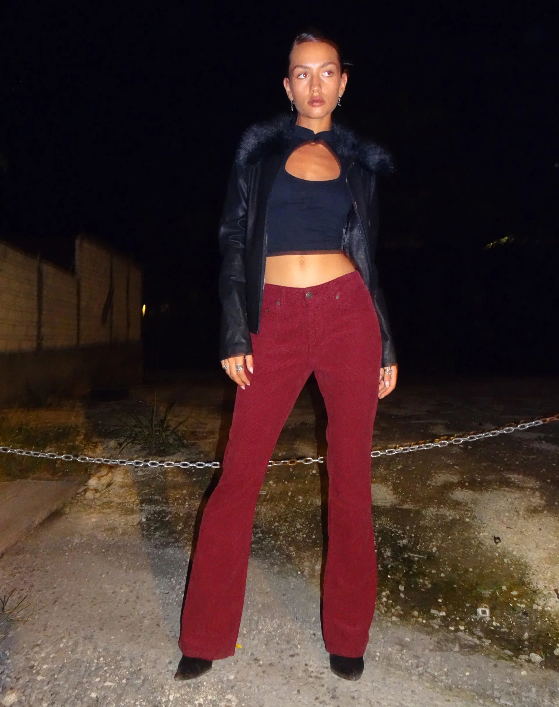 Low Rise Bootleg Jeans in Cord Maroon - Awmao