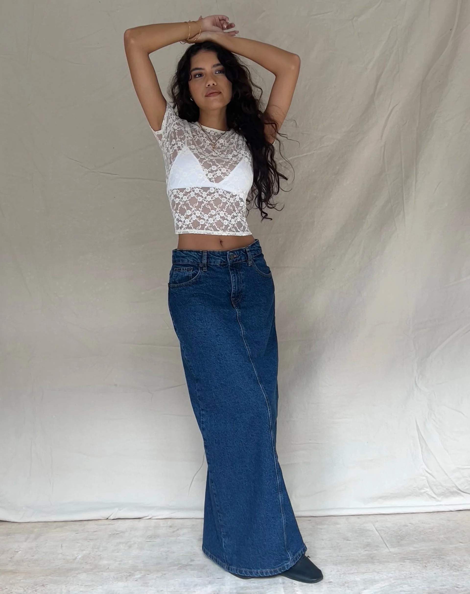 Low Rise Denim Maxi Skirt in Mid Blue Used - Awmao