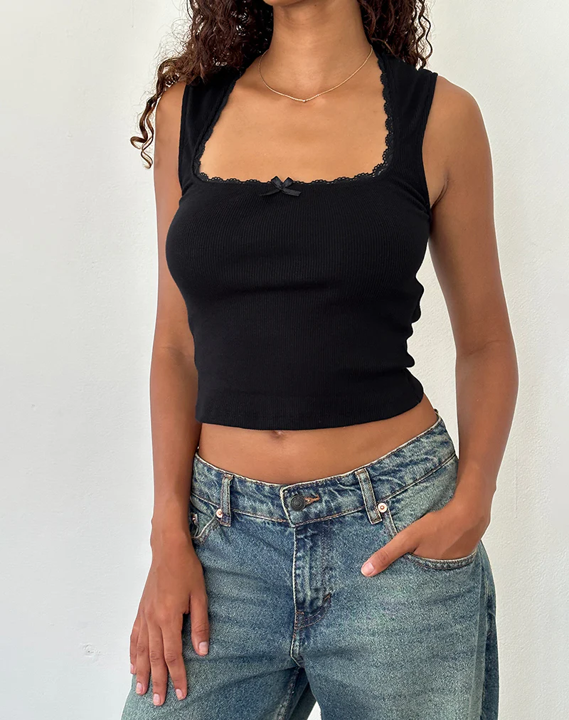 Jinila Top in Black with Lace Trim and Bow - Awmao