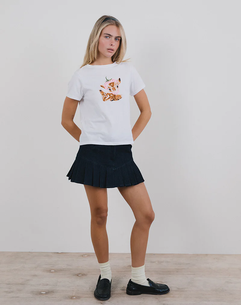 Saki Tee in White with Baby Deer Print - Awmao