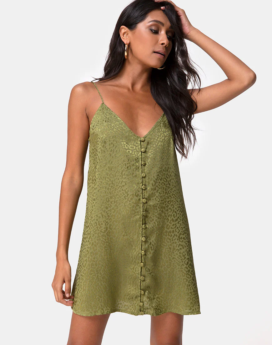 Akina Dress in Satin Cheetah Khaki - Awmao