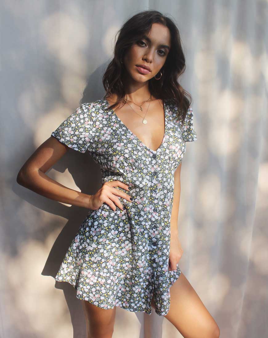 Sahara Tea Dress in Floral Field Olive - Awmao