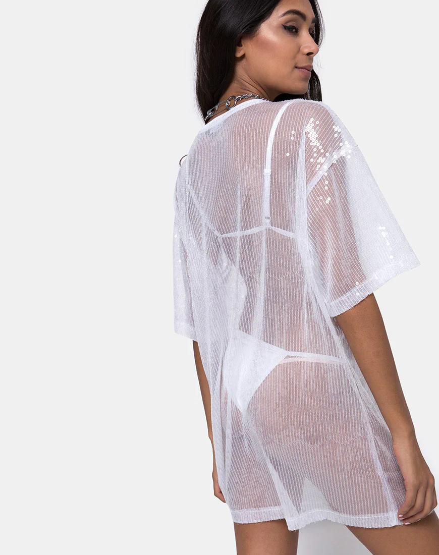 Sunny Kiss Tee in Sheer White Clear Sequin - Awmao