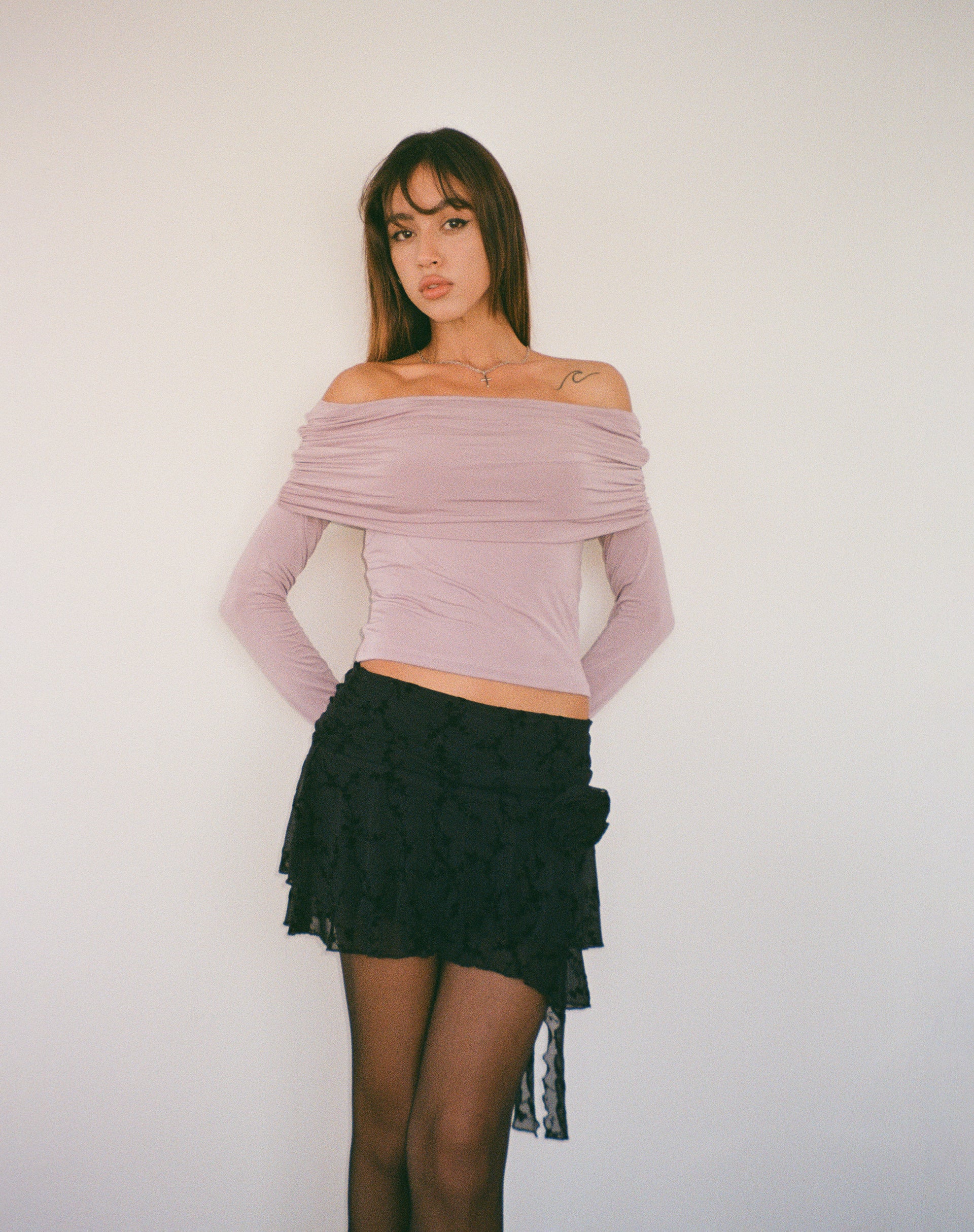 Andi Long Sleeve Bardot Top in Slinky Mauve - Awmao