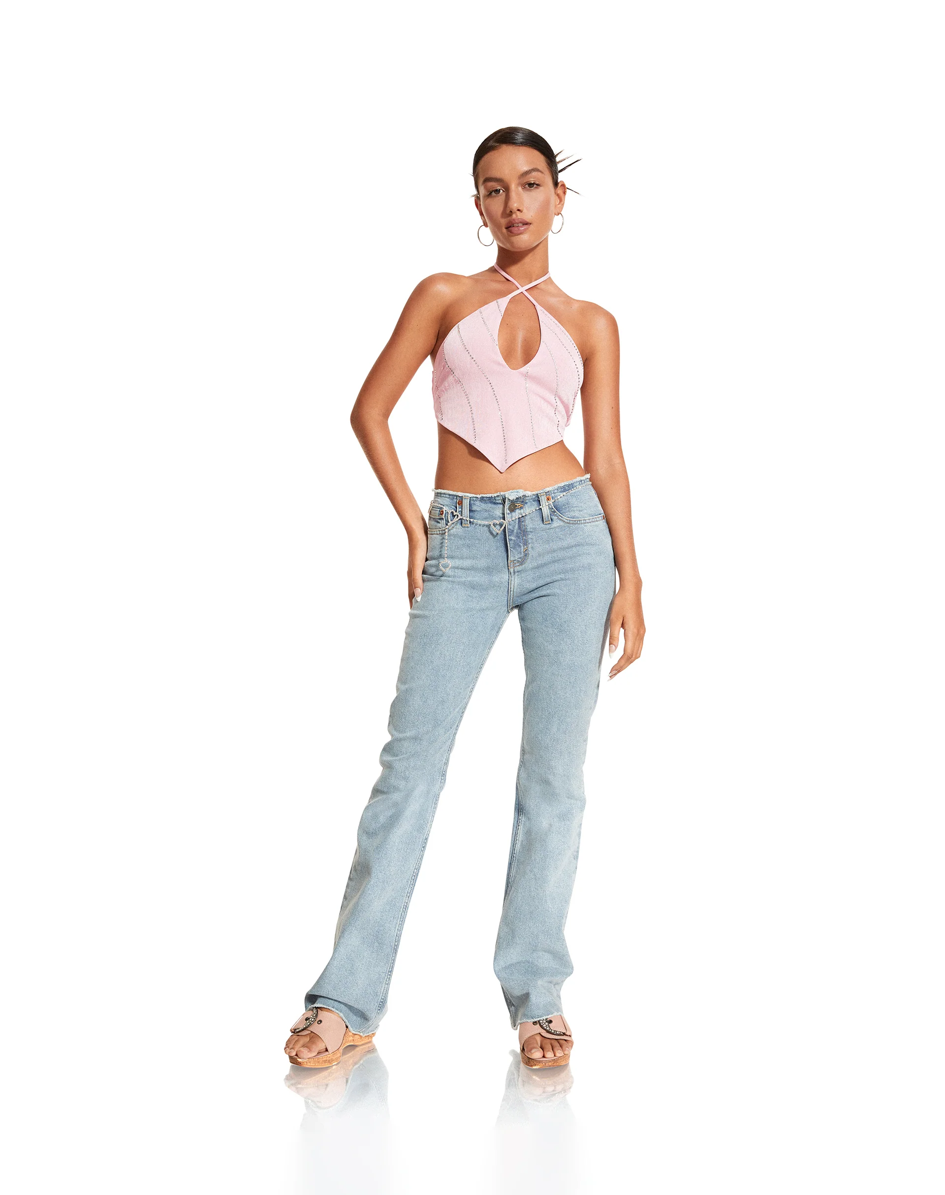Domre Crop Top in Baby Pink Silver Stud Hotfix - Awmao