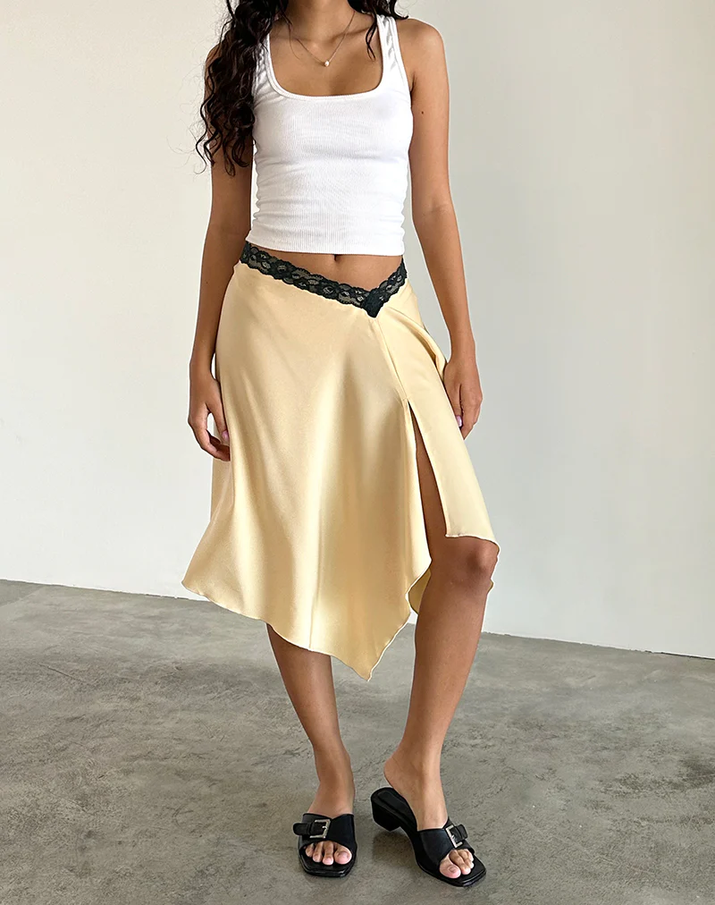 Houda Midi Skirt in Buttermilk with Grey Lace - Awmao