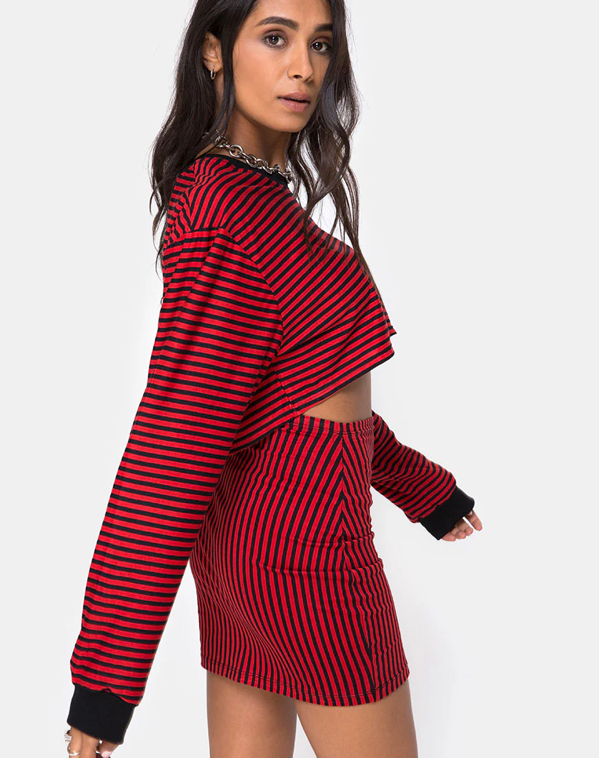 Kimmy Bodycon Skirt in Mini Stripe Red and Black - Awmao