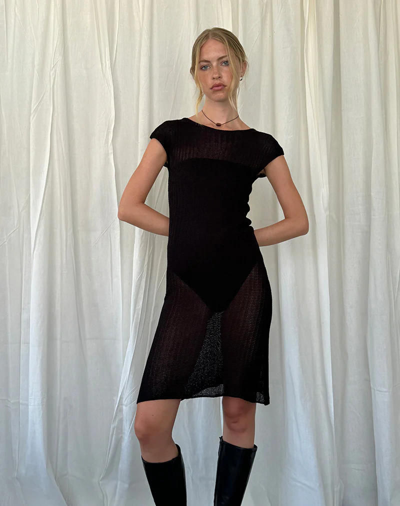Adeline Midi Dress in Wide Rib Knit Black - Awmao