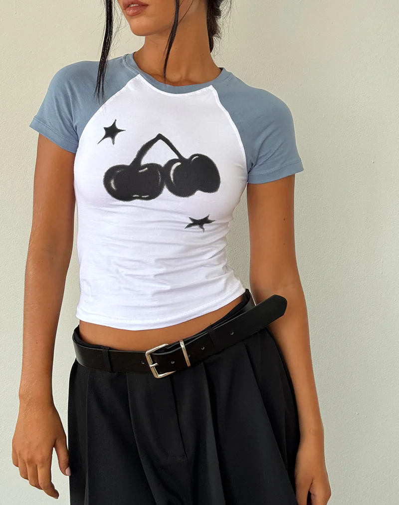 Agneta Baby Tee in White with Faded Denim Cherry Print - Awmao