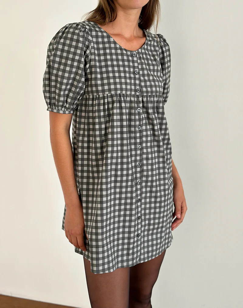 Cybera Mini Dress in Tonal Gingham Black and Grey - Awmao