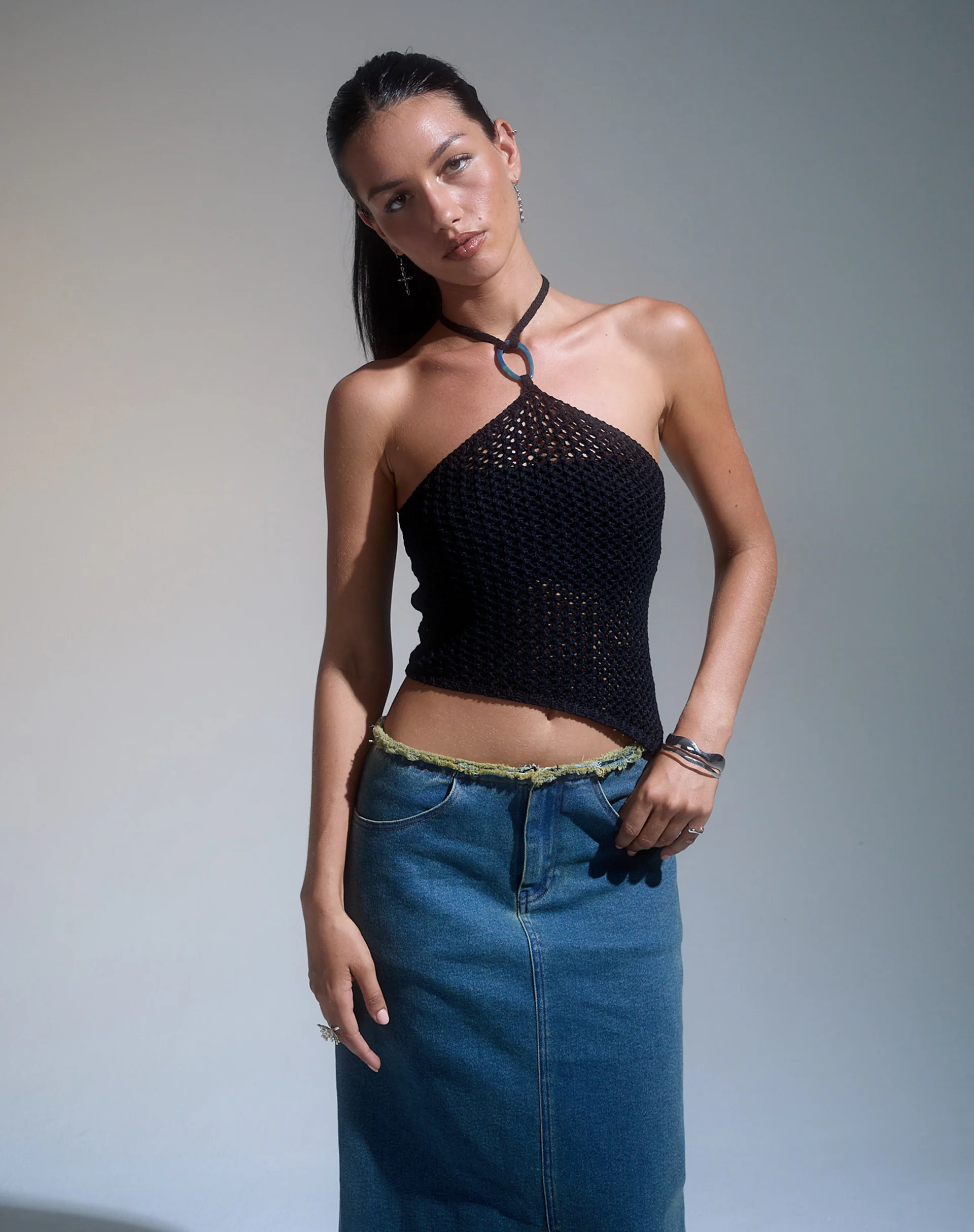 Royani Halterneck Top in Black Knit - Awmao