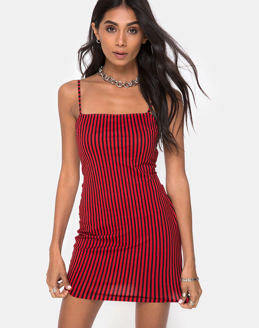 Selah Bodycon Dress in Mini Stripe Red and Black - Awmao
