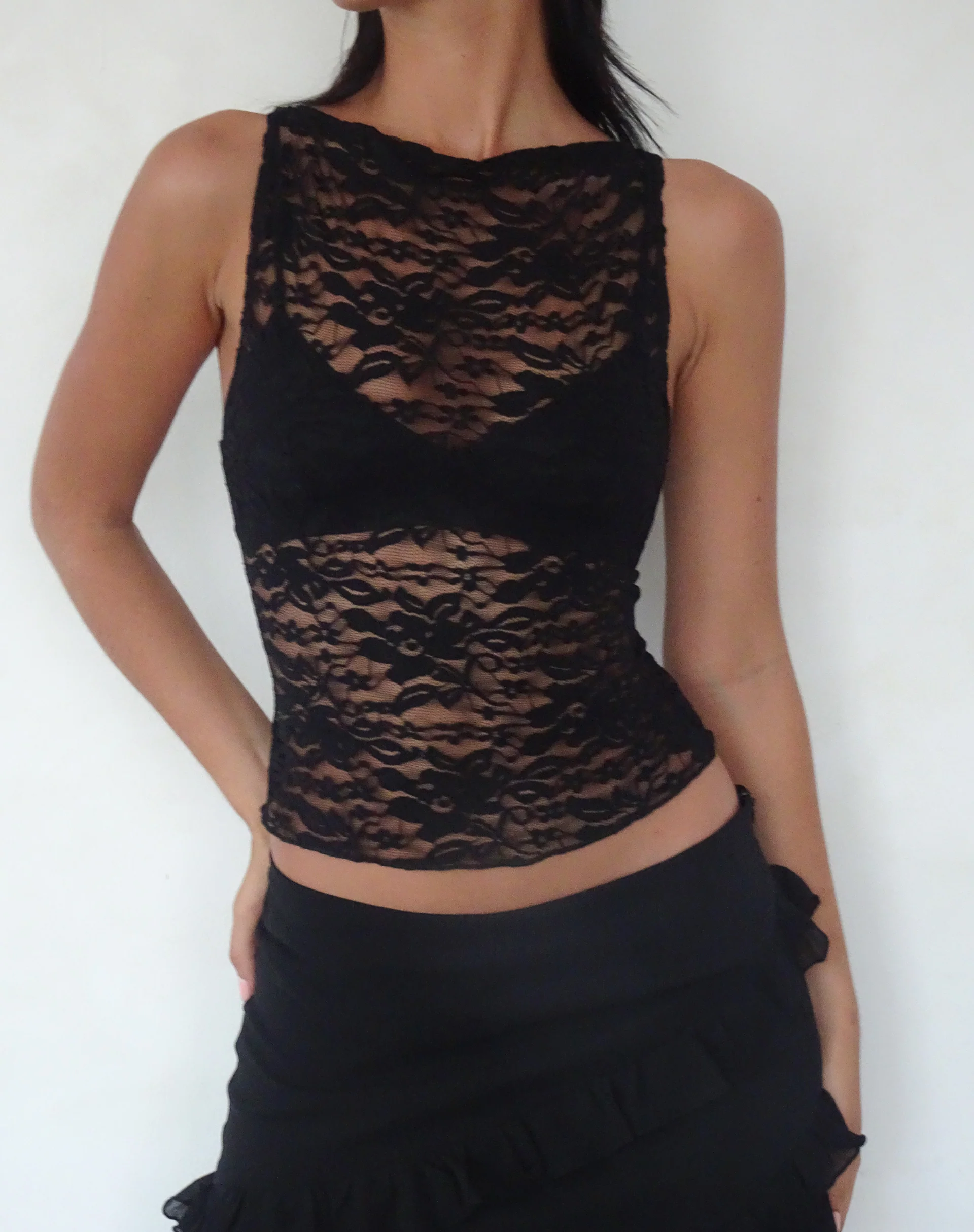 Dwira Lace Vest Top in Black - Awmao