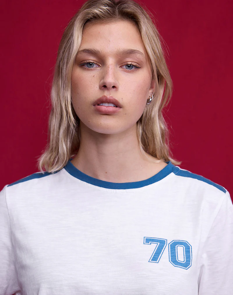 Jihan Top in Off White with Mediterranean Blue Binding - Awmao